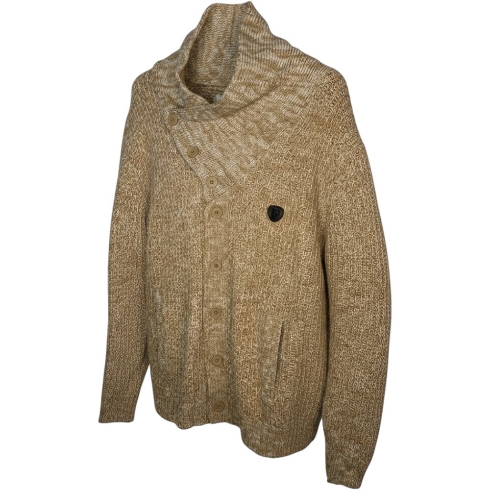 Parish‎ Nation Cardigan Sweater Mens Large Tan Marled Shawl Collar Elbow Patch
